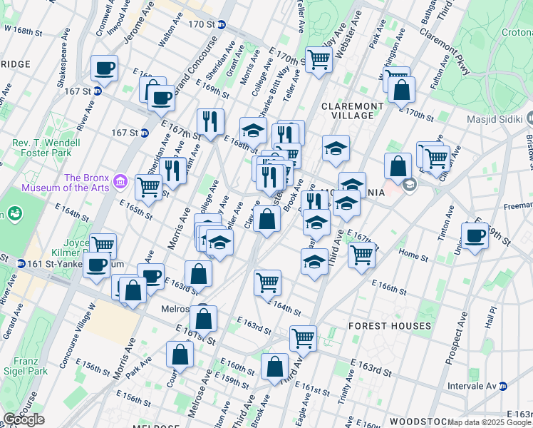 map of restaurants, bars, coffee shops, grocery stores, and more near 1135 Webster Avenue in Bronx