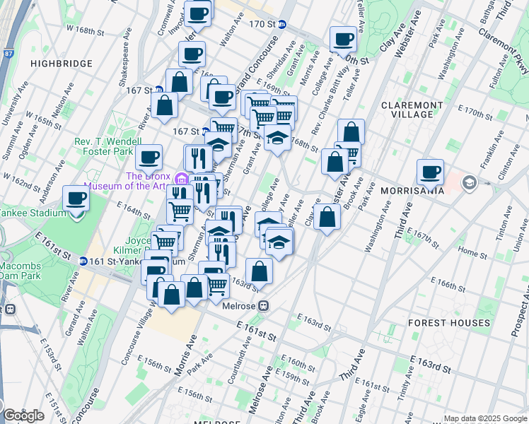 map of restaurants, bars, coffee shops, grocery stores, and more near 1040 Morris Avenue in The Bronx