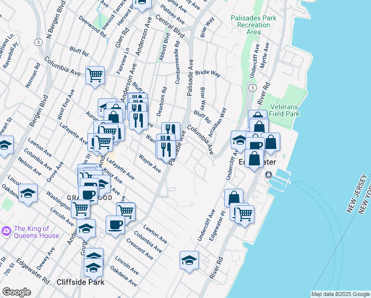 map of restaurants, bars, coffee shops, grocery stores, and more near 101 Victoria Place West in Fort Lee