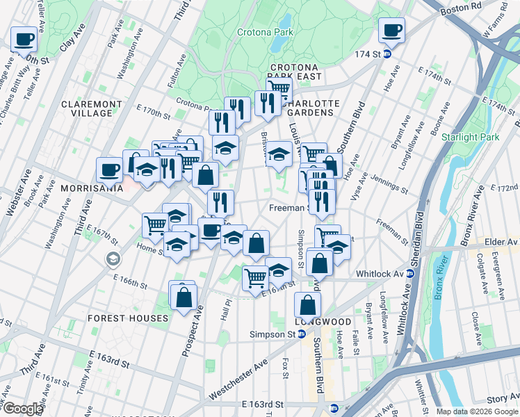 map of restaurants, bars, coffee shops, grocery stores, and more near 1290 Chisholm Street in Bronx