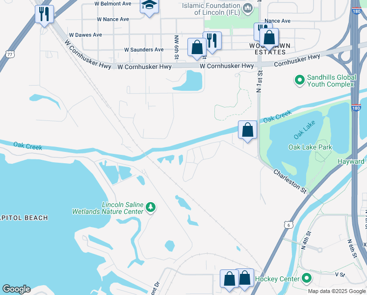 map of restaurants, bars, coffee shops, grocery stores, and more near 299 West Charleston Street in Lincoln