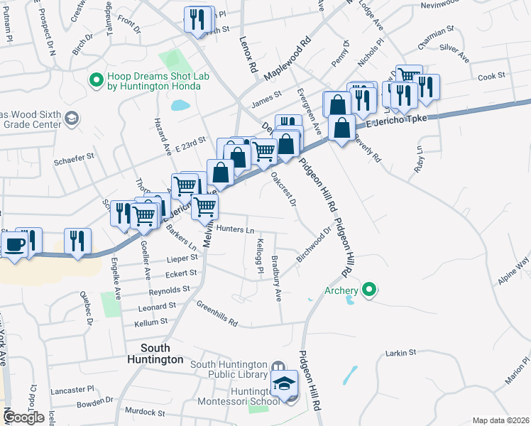 map of restaurants, bars, coffee shops, grocery stores, and more near 29 Roxbury Street in Huntington Station
