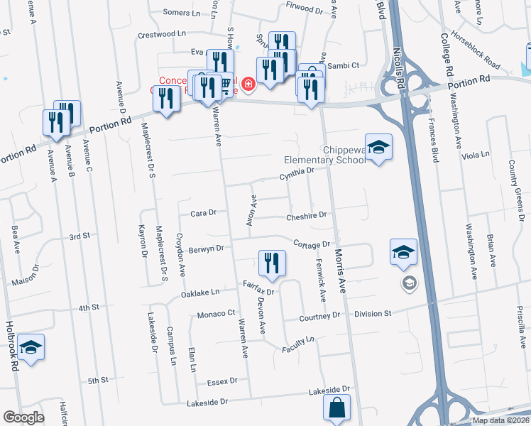 map of restaurants, bars, coffee shops, grocery stores, and more near 21 Cheshire Drive in Farmingville