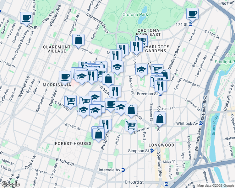 map of restaurants, bars, coffee shops, grocery stores, and more near 1351 Prospect Avenue in The Bronx