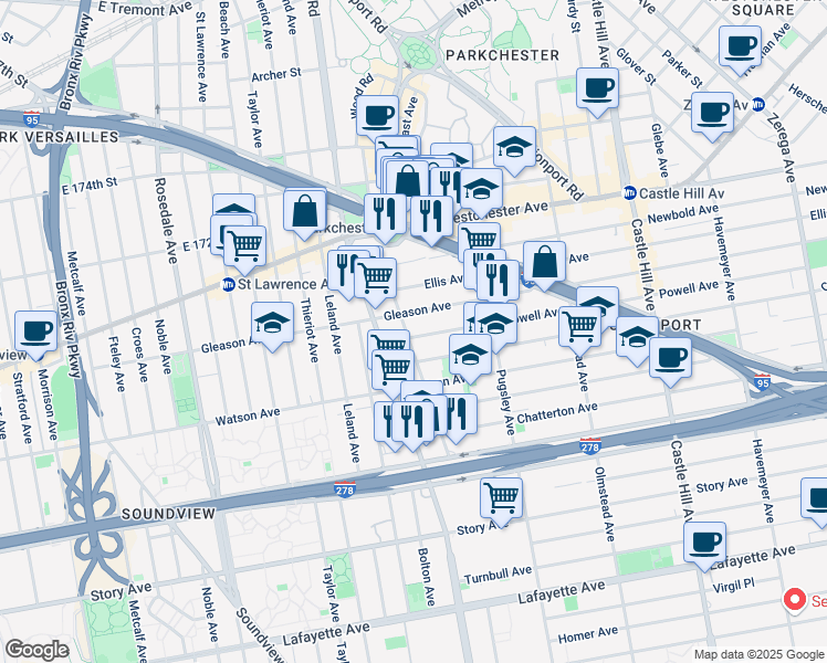 map of restaurants, bars, coffee shops, grocery stores, and more near 1925 Powell Avenue in Bronx