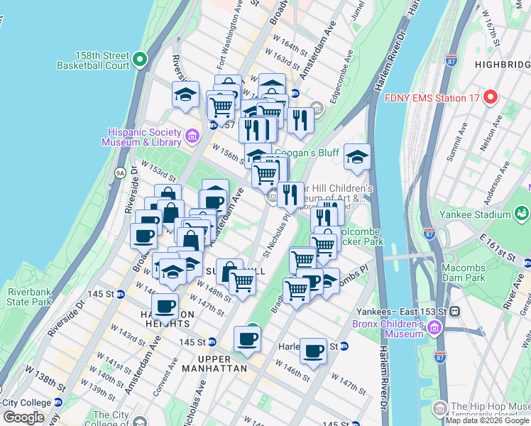 map of restaurants, bars, coffee shops, grocery stores, and more near 882 Saint Nicholas Avenue in New York