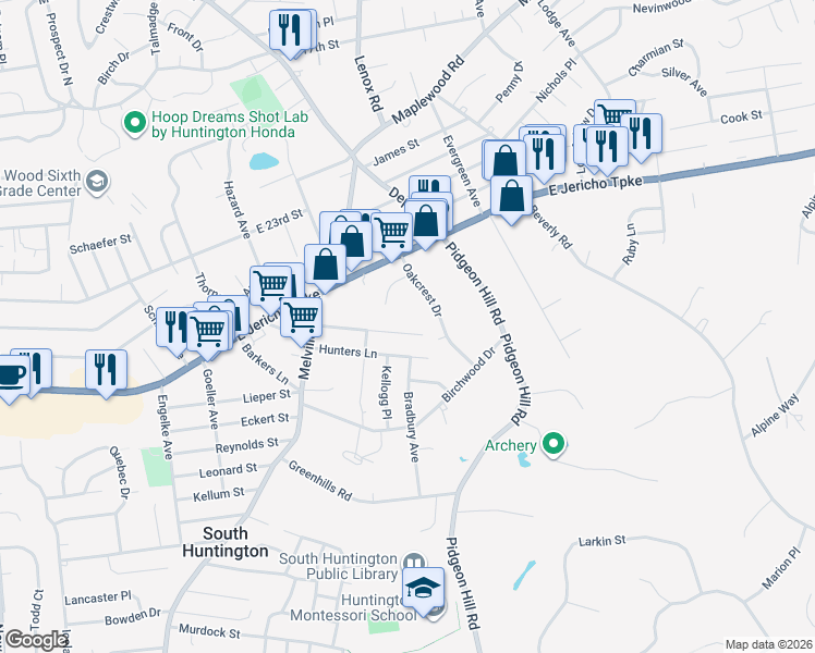 map of restaurants, bars, coffee shops, grocery stores, and more near 29 Roxbury Street in Huntington Station