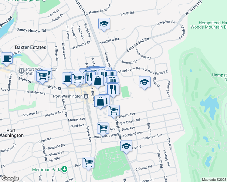 map of restaurants, bars, coffee shops, grocery stores, and more near 961-1029 Port Washington Boulevard in Port Washington