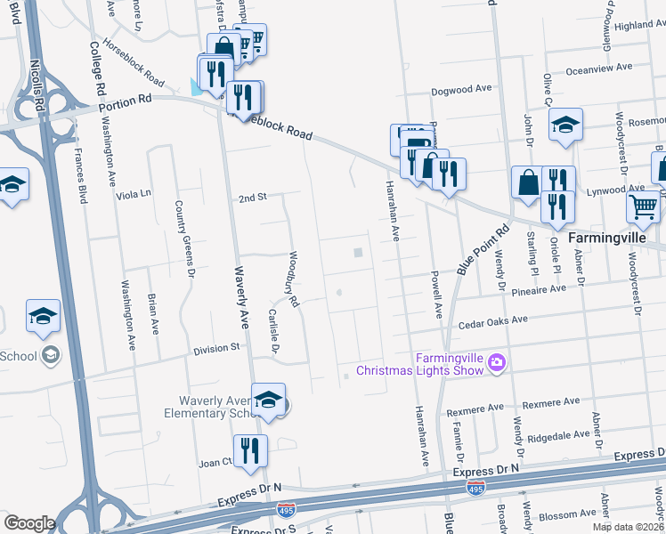 map of restaurants, bars, coffee shops, grocery stores, and more near 3 Alamo Drive in Farmingville
