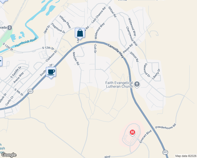 map of restaurants, bars, coffee shops, grocery stores, and more near 1801 Winchester Drive in Elko