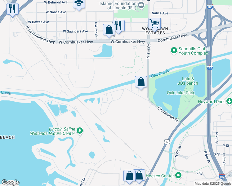map of restaurants, bars, coffee shops, grocery stores, and more near 307 West Charleston Street in Lincoln