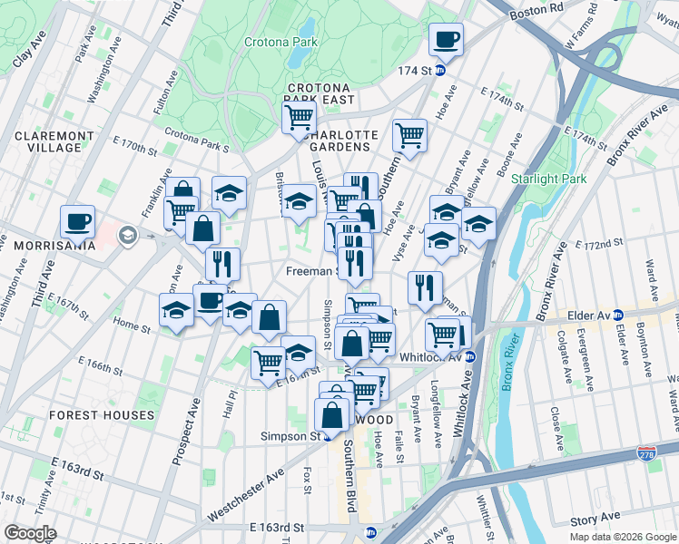 map of restaurants, bars, coffee shops, grocery stores, and more near Freeman Street in The Bronx