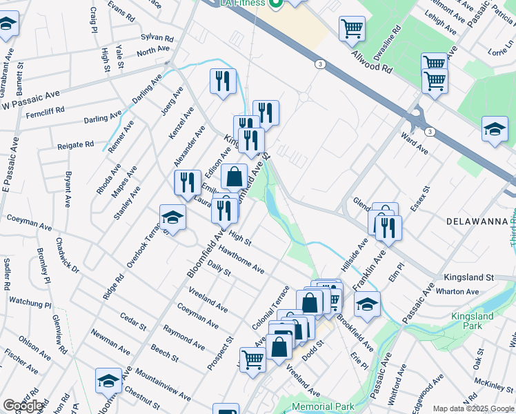 map of restaurants, bars, coffee shops, grocery stores, and more near 47 Lake Street in Nutley