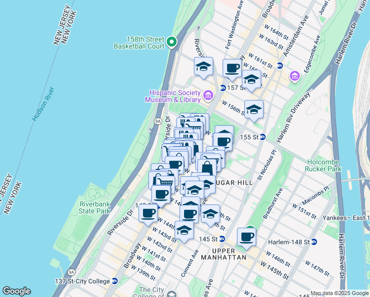 map of restaurants, bars, coffee shops, grocery stores, and more near 3657 Broadway in New York