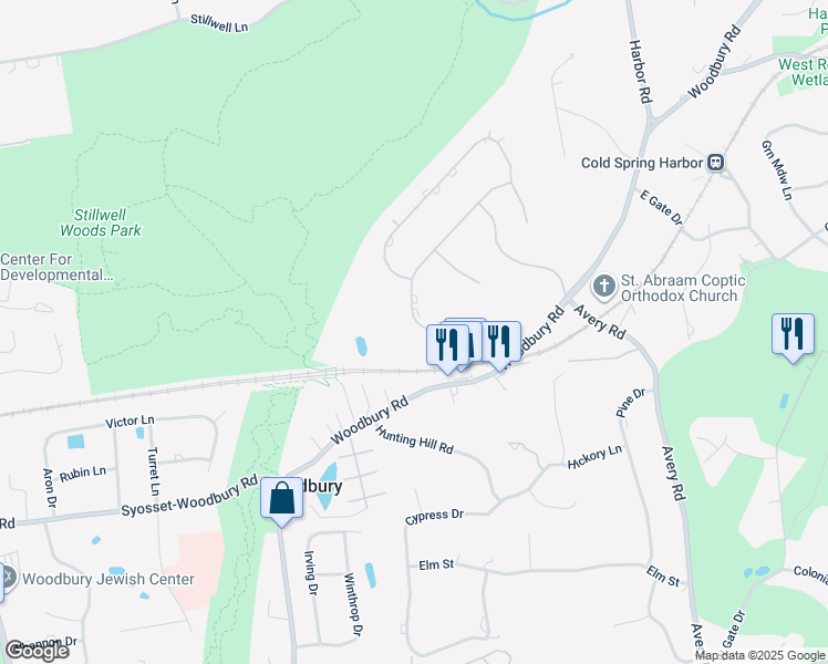 map of restaurants, bars, coffee shops, grocery stores, and more near 3 The Grasslands in Woodbury