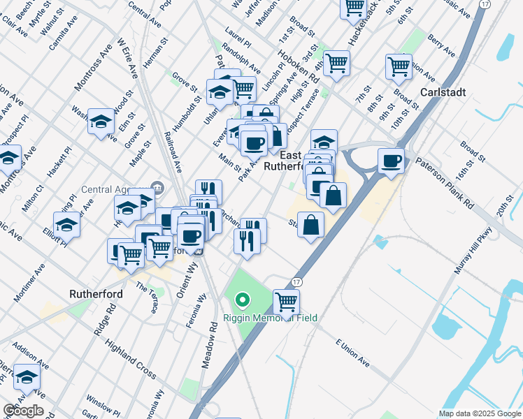 map of restaurants, bars, coffee shops, grocery stores, and more near 179 Hackensack Street in East Rutherford