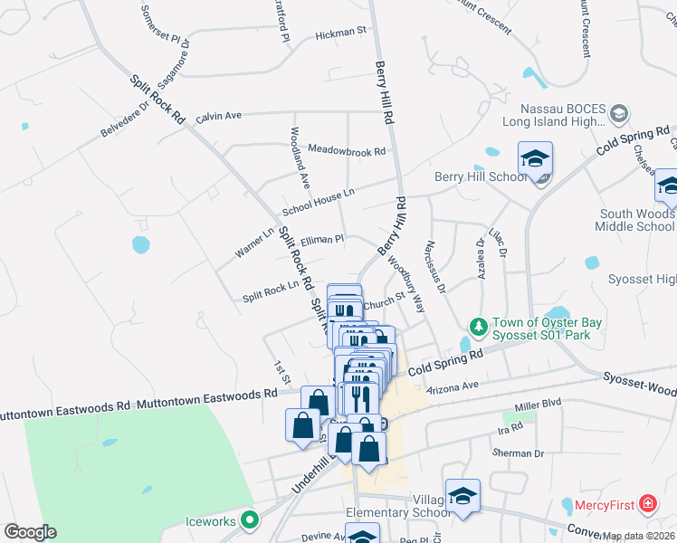 map of restaurants, bars, coffee shops, grocery stores, and more near 161 Berry Hill Road in Syosset