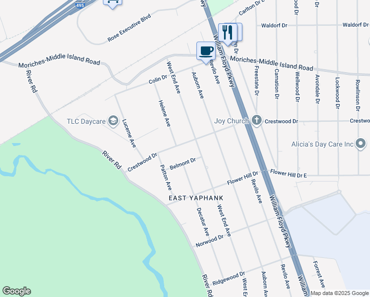 map of restaurants, bars, coffee shops, grocery stores, and more near 40 Crestwood Drive in Shirley