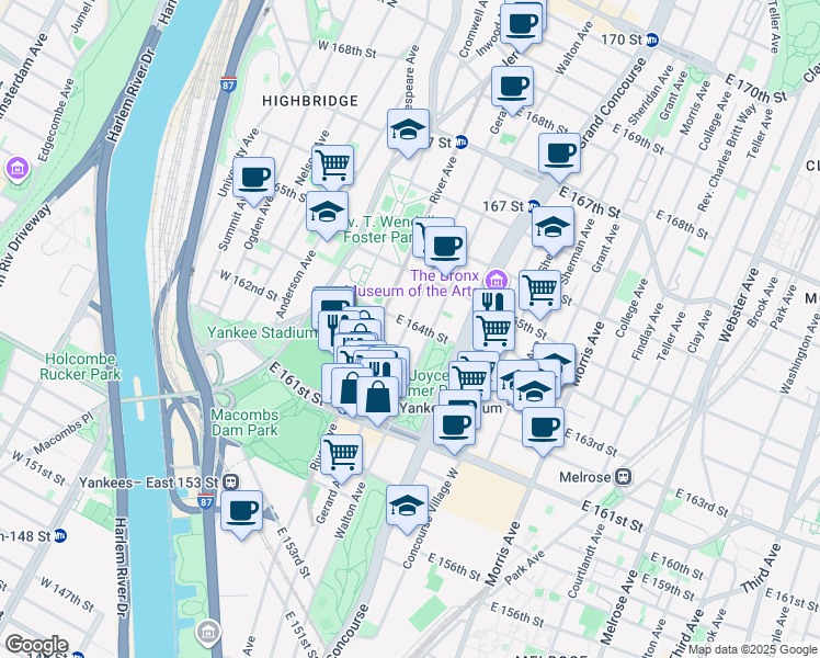map of restaurants, bars, coffee shops, grocery stores, and more near 990 Gerard Avenue in The Bronx