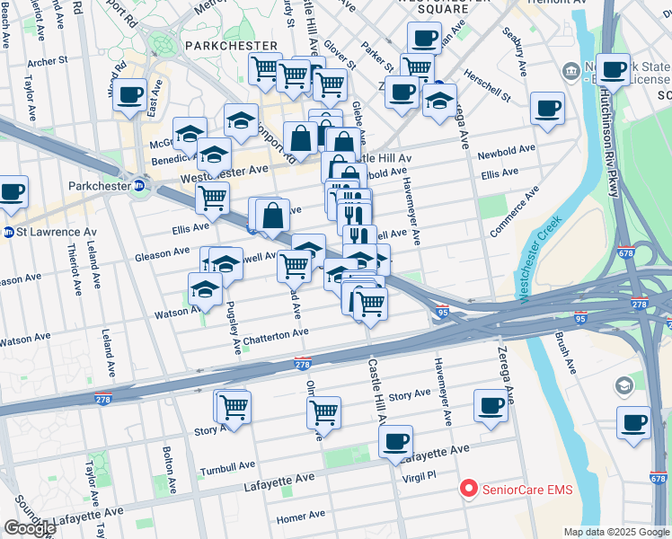map of restaurants, bars, coffee shops, grocery stores, and more near in The Bronx