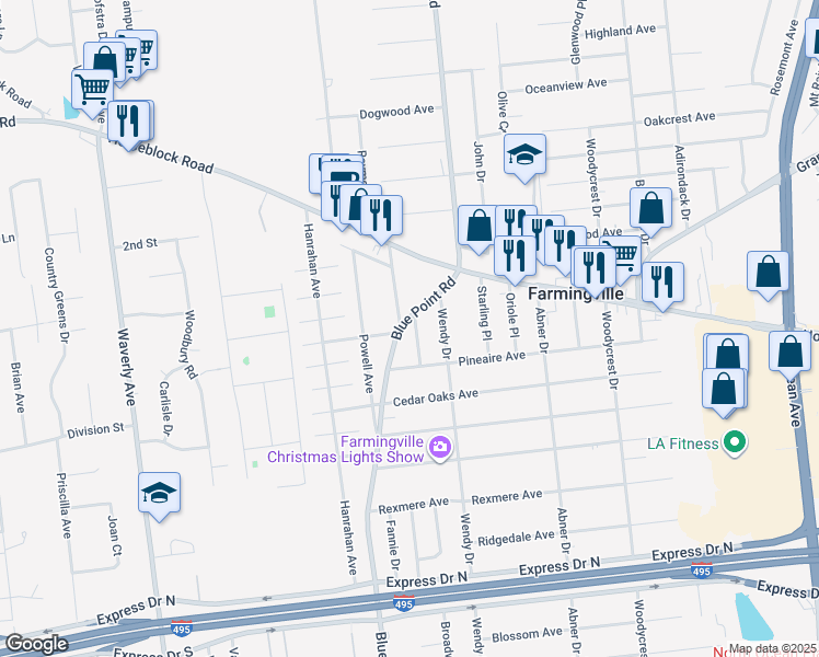 map of restaurants, bars, coffee shops, grocery stores, and more near 6 Canary Place in Farmingville