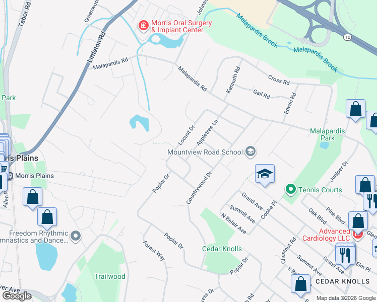 map of restaurants, bars, coffee shops, grocery stores, and more near 27 Appletree Lane in Morris Plains