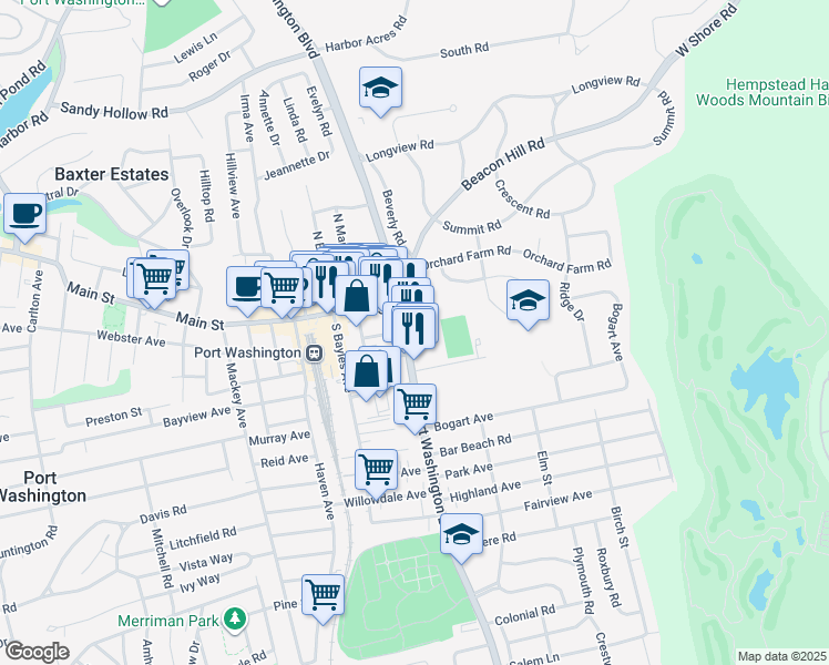 map of restaurants, bars, coffee shops, grocery stores, and more near 961-1029 Port Washington Boulevard in Port Washington