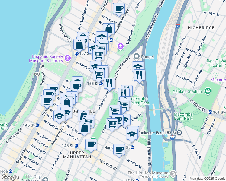 map of restaurants, bars, coffee shops, grocery stores, and more near W 155th St & Edgecombe Ave in New York