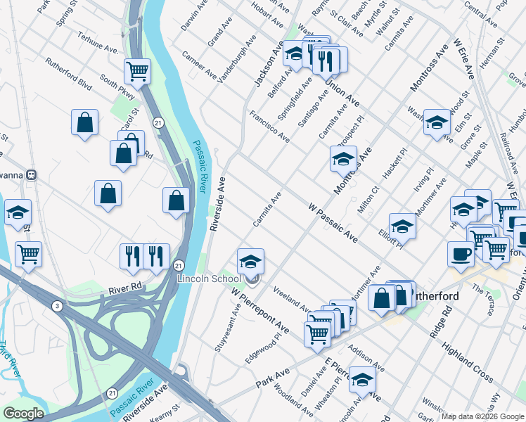 map of restaurants, bars, coffee shops, grocery stores, and more near 216 Woodward Avenue in Rutherford