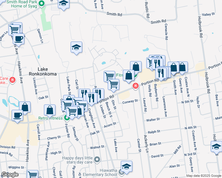 map of restaurants, bars, coffee shops, grocery stores, and more near 449 Portion Road in Ronkonkoma