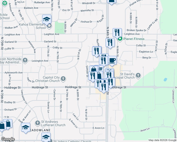 map of restaurants, bars, coffee shops, grocery stores, and more near 1708 Sawyer Street in Lincoln