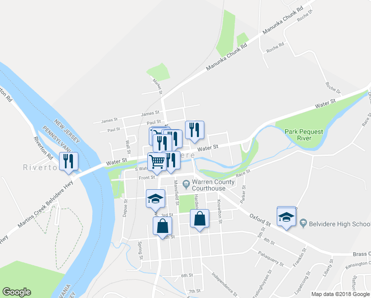 map of restaurants, bars, coffee shops, grocery stores, and more near 337 Water Street in Belvidere