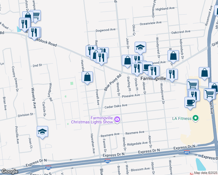 map of restaurants, bars, coffee shops, grocery stores, and more near 6 Canary Place in Farmingville
