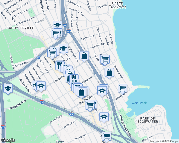 map of restaurants, bars, coffee shops, grocery stores, and more near 826 Hollywood Avenue in Bronx