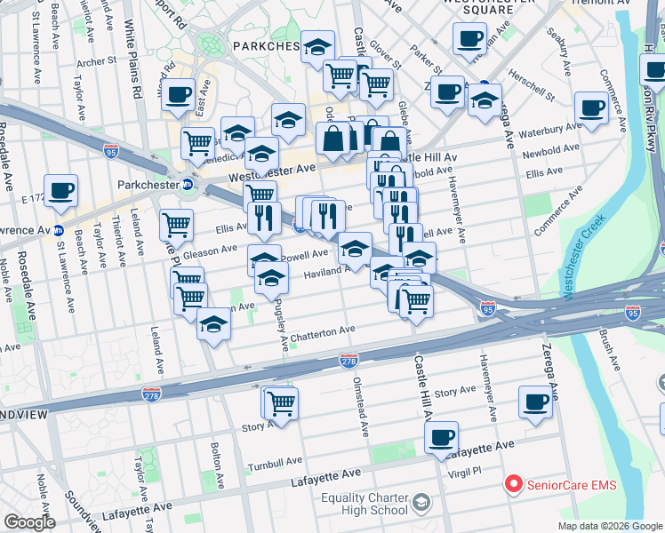 map of restaurants, bars, coffee shops, grocery stores, and more near 1117 Olmstead Avenue in The Bronx