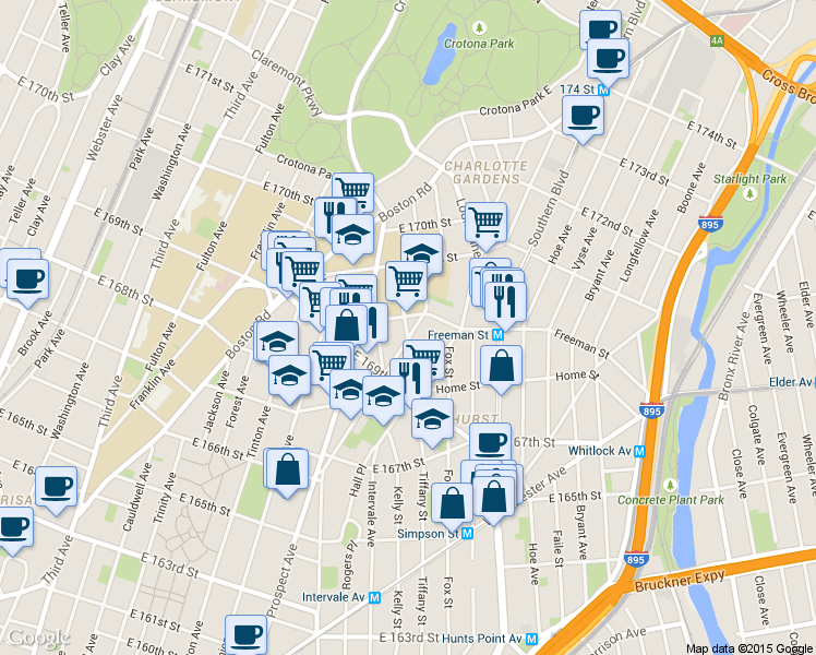 map of restaurants, bars, coffee shops, grocery stores, and more near 1289 Chisholm Street in Bronx