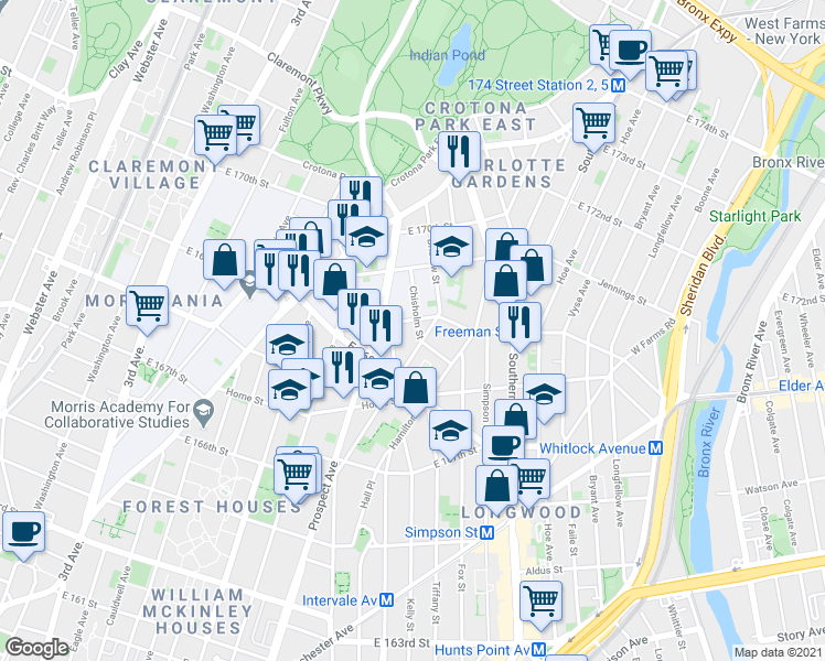 map of restaurants, bars, coffee shops, grocery stores, and more near 1289 Chisholm Street in Bronx