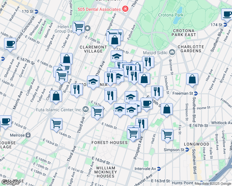 map of restaurants, bars, coffee shops, grocery stores, and more near 1225 Boston Road in Bronx