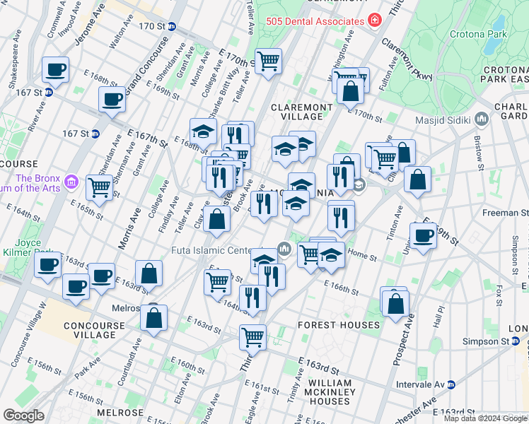 map of restaurants, bars, coffee shops, grocery stores, and more near 465A East 167th Street in Bronx