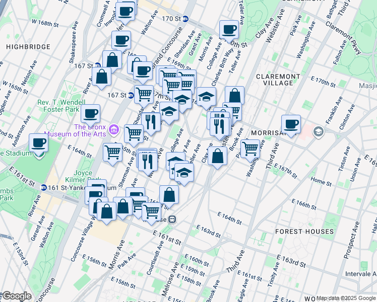 map of restaurants, bars, coffee shops, grocery stores, and more near 318 East 166th Street in The Bronx