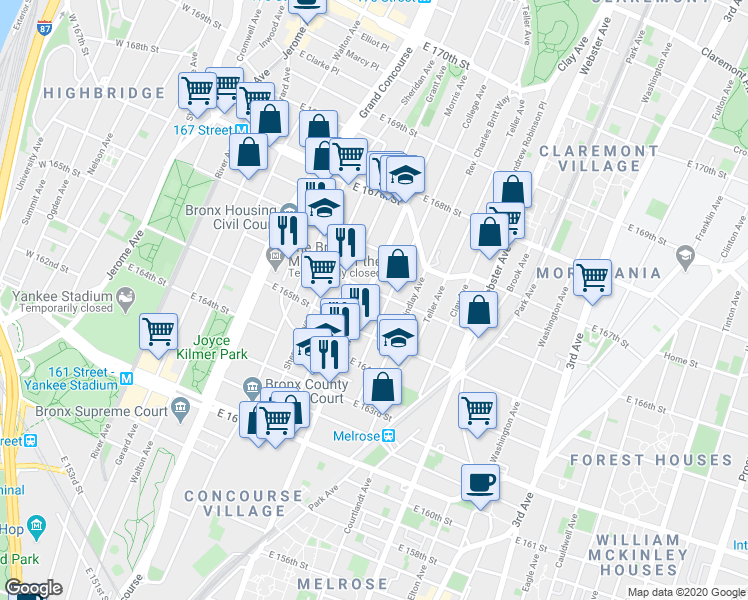 map of restaurants, bars, coffee shops, grocery stores, and more near 1040 Morris Avenue in The Bronx