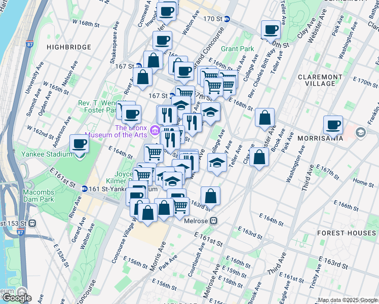 map of restaurants, bars, coffee shops, grocery stores, and more near in The Bronx