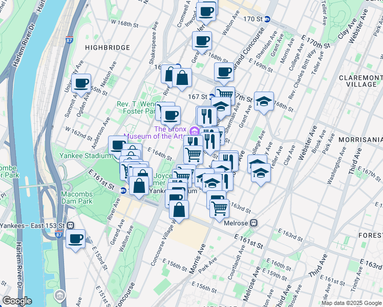 map of restaurants, bars, coffee shops, grocery stores, and more near 1020 Grand Concourse in Bronx
