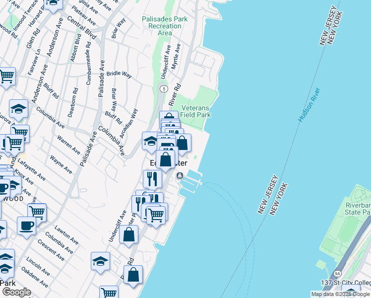 map of restaurants, bars, coffee shops, grocery stores, and more near 1033 River Road in Edgewater