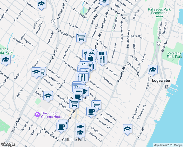 map of restaurants, bars, coffee shops, grocery stores, and more near 291 Franklin Avenue in Cliffside Park