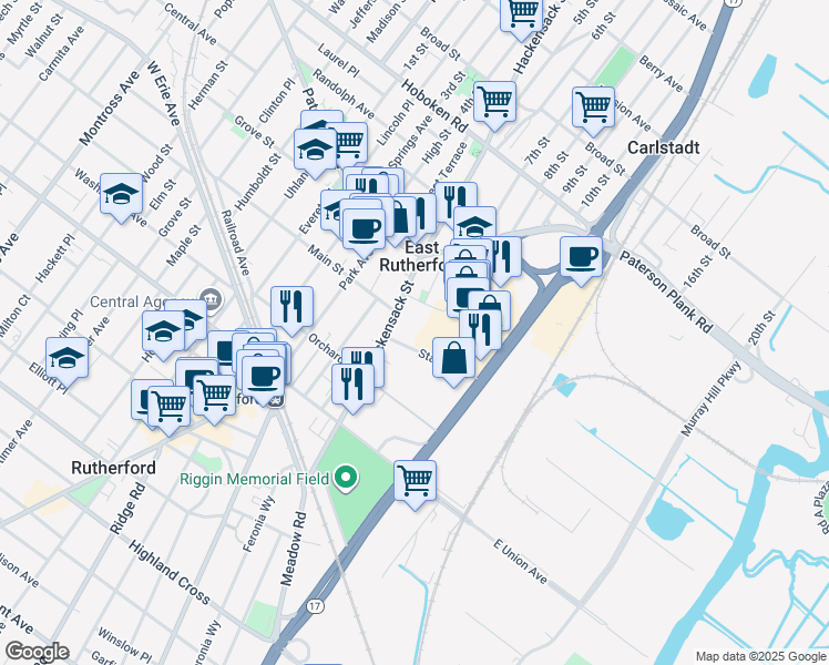 map of restaurants, bars, coffee shops, grocery stores, and more near 112 Stanley Street in East Rutherford