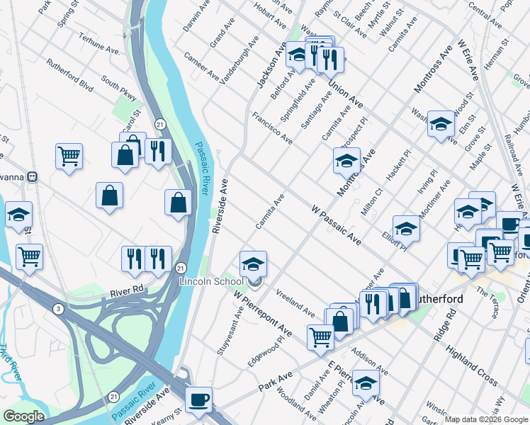 map of restaurants, bars, coffee shops, grocery stores, and more near 216 Woodward Avenue in Rutherford