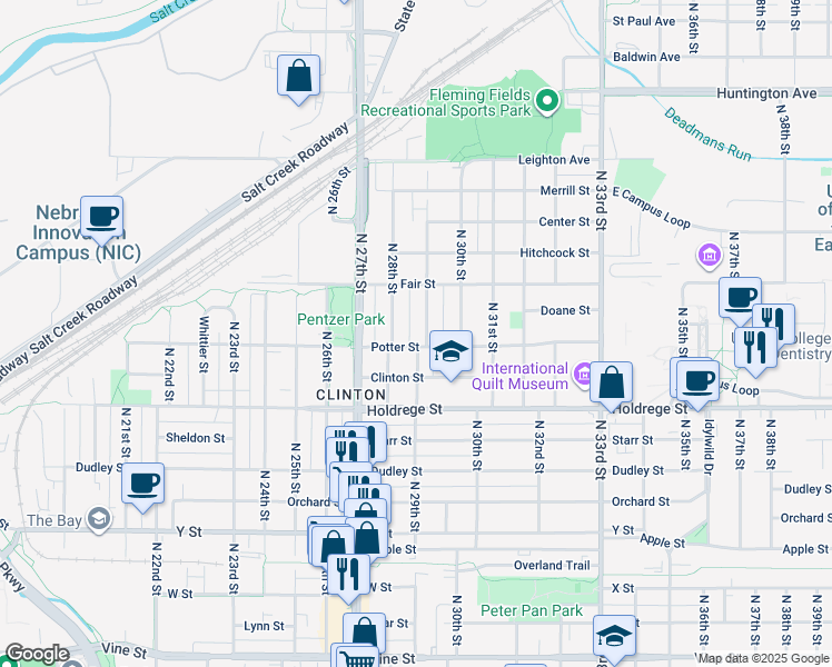 map of restaurants, bars, coffee shops, grocery stores, and more near 1700 North 29th Street in Lincoln