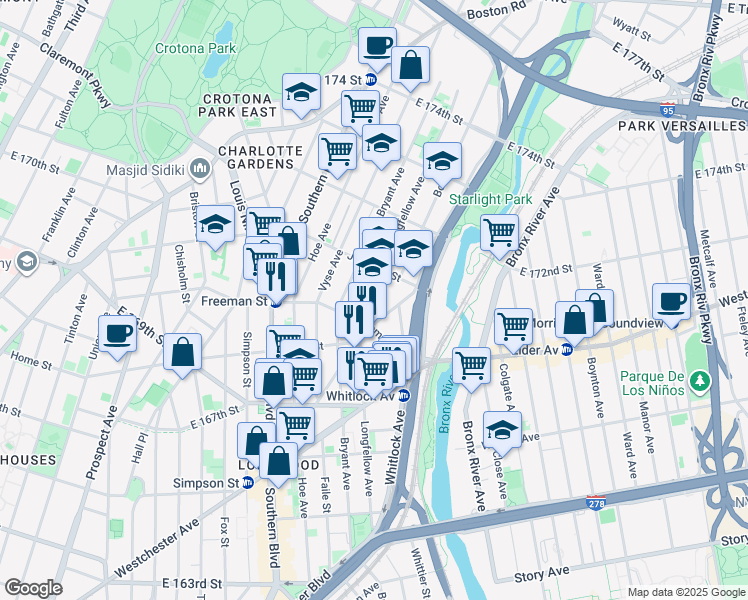 map of restaurants, bars, coffee shops, grocery stores, and more near 1434 Longfellow Avenue in Bronx