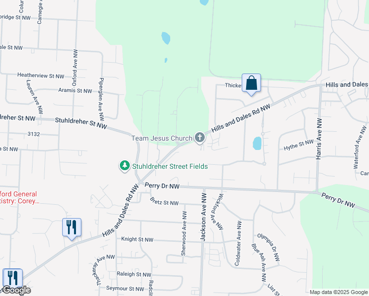 map of restaurants, bars, coffee shops, grocery stores, and more near 7162 Hills and Dales Road Northwest in Massillon
